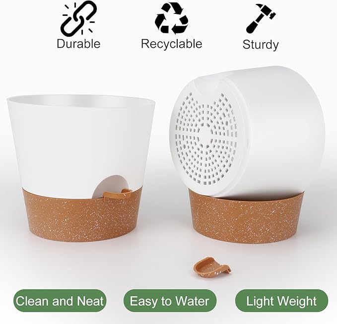Ynnico10 inch Plant Pots, Self-Watering Planters with Drainage Holes & Saucers for Indoor and Outdoor Plants (2-Pack,White