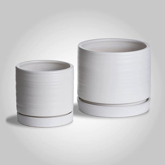 6 + 8 Inch Plant Pots, Ceramic Planter Pot with Drainage Hole & Saucer, Indoor/Outdoor Cylinder Round Planter Pot, Matte White