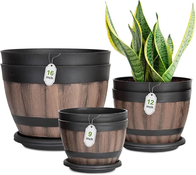 6 Pack Plant Pots with Drainage Holes, Include 2 Each of 16/12/9 inches Flower Pots with Saucers, Plastic Imitation Wine Barrel Design for Indoor Outdoor Garden Home Plants