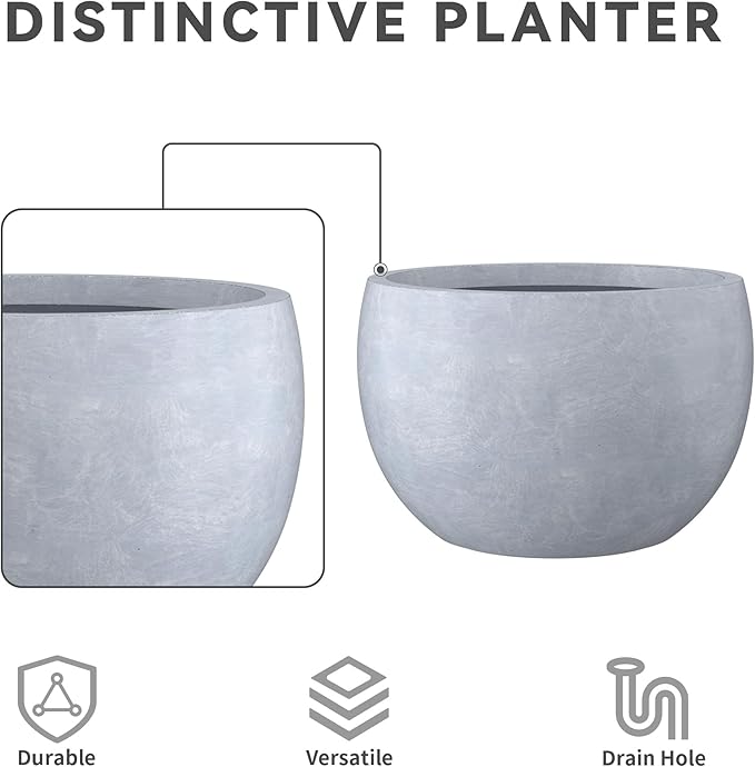 Kante 19.9" Dia Round Concrete Planter, Outdoor/Indoor Large Bowl Plant Pots with Drainage Hole and Rubber Plug for Garden Patio Balcony Home, Gray