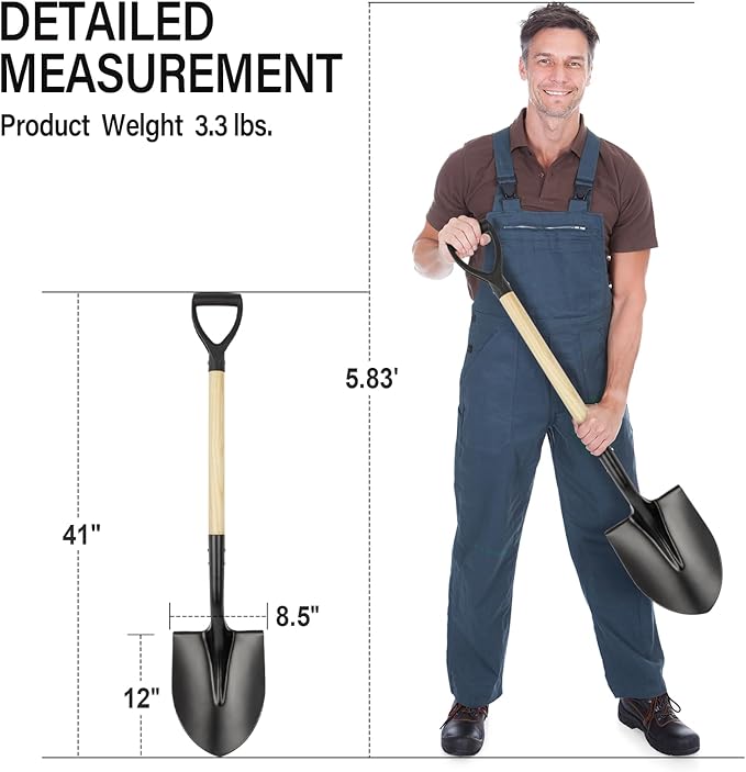Shovel for Digging,Round Shovel, Garden Tool with D-Handle, 41 Inches in Overall Length, Wooden Handel Garden Shovel,Beach Shovel, Car Snow Shovel