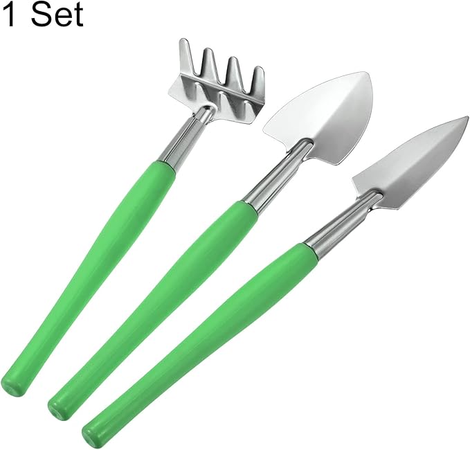 MECCANIXITY Gardening Tools 3 Pack Iron Spade Rake Transplanting Plants Care Digging Kits, Green