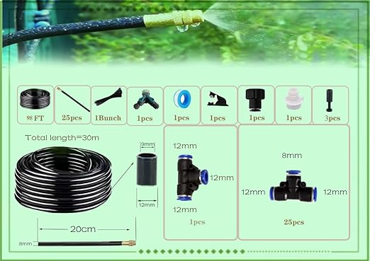 New drip Irrigation kit, Automatic Garden Watering System, Quick Connector and 360-degree Bending Dropper atomizing Copper Nozzle, Garden Plant Lawn Courtyard Watering System. (25spray nozzles)