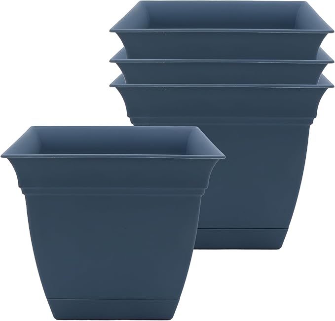 The HC Companies 6 Inch Eclipse Square Planter with Saucer – Indoor Outdoor Plant Pot for Flowers Vegetables Herbs, Slate Blue (Pack of 4)