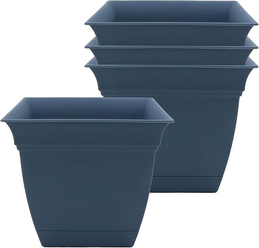 The HC Companies 6 Inch Eclipse Square Planter with Saucer – Indoor Outdoor Plant Pot for Flowers Vegetables Herbs, Slate Blue (Pack of 4)