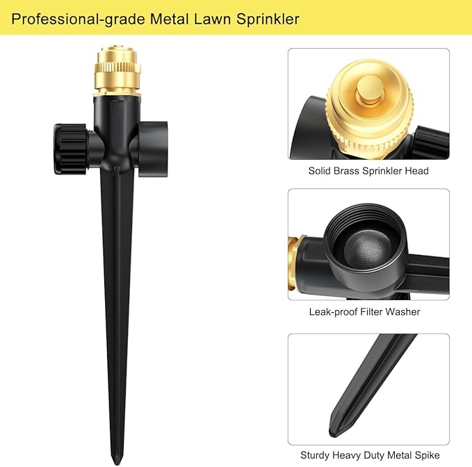 FANHAO Metal Lawn Sprinkler for Yard, 2 Pack Automatic Garden Water Sprinkler on Spike Base, Adjustable Brass Sprinkler Nozzle 360 Degree Large Area Coverage for Lawn Grass Patio Garden Irrigation