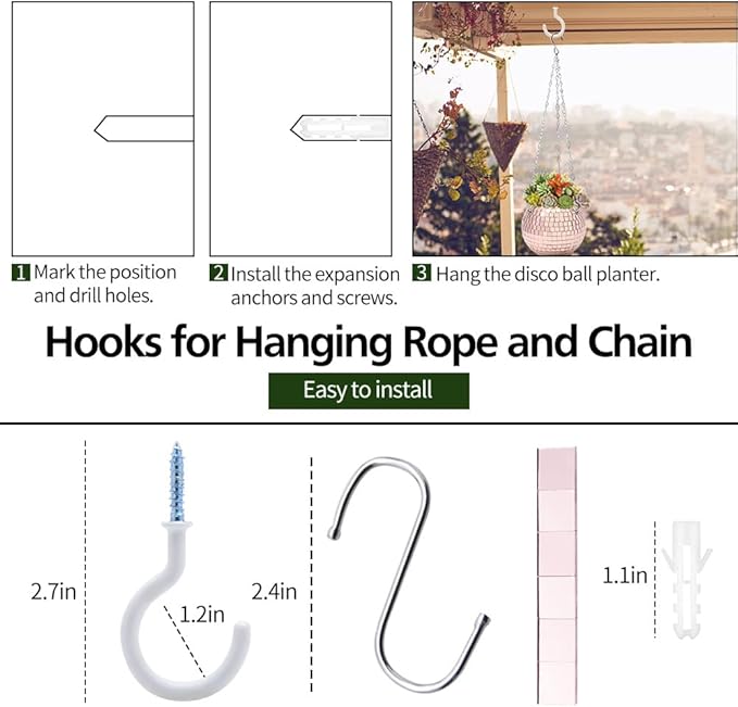 Disco Ball Planter, 1pcs 4" Rose Gold Disco Ball Planter, Disco Ball Plant Hanger with Hanging Rope, Hanging Chain, Hook, Circle and Extra Mirror Pieces (4" Rose Gold, 1pcs)