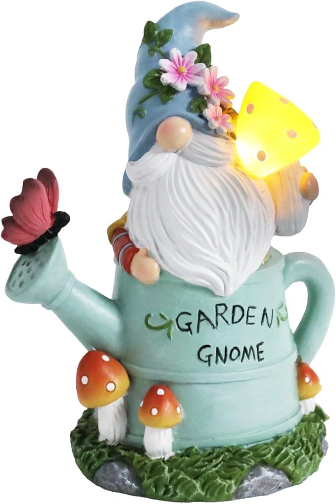 Garden Gnome Statue, Novelty Gnome Outdoor Figurine with Watering Can Shape and Flowers Butterfly Decor - Resin Gnome Sculpture with Mushroom Solar Lights for Porch Patio Yard Outdoor Decor