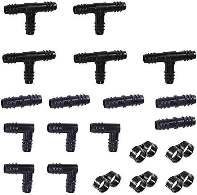 Irrigation Fittings Kit for 1/2" Tubing 20 PIECE SET - 5 Tees, 5 Couplings, 5 Elbows, 5 End Cap Figure 8 Plugs - Barbed Connectors (For Rain Bird 16mm .520 ID and Compatible Drip or Sprinkler Systems)