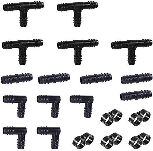 Irrigation Fittings Kit for 1/2" Tubing 20 PIECE SET - 5 Tees, 5 Couplings, 5 Elbows, 5 End Cap Figure 8 Plugs - Barbed Connectors (For Rain Bird 16mm .520 ID and Compatible Drip or Sprinkler Systems)