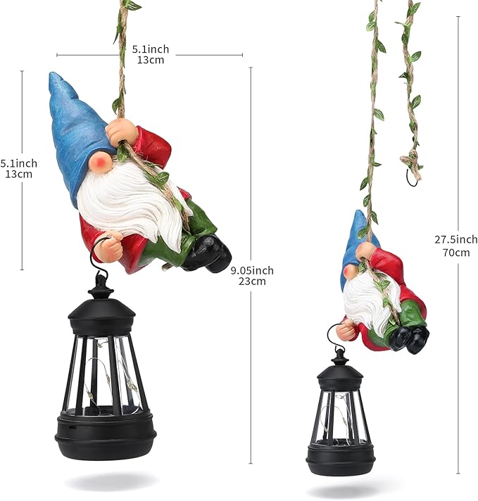 Solar Hanging Gnome Garden Statue Climbing Rope Gnome with LED Lantern Outdoor Decor Tree Hugger Yard Porch Wall Decoration Christmas Gardening Gift for Mom