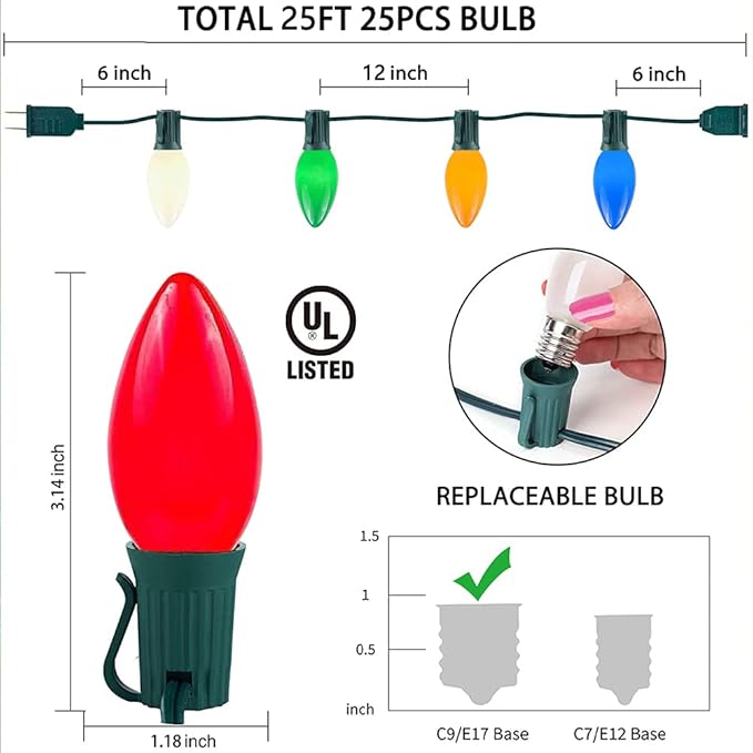 25FT C9 Christmas Lights Multi-Color String Lights with 26 Incandescent Christmas Lights, Outdoor String Light for Patio Christmas Tree Decor, 7 Watt Ceramic C9 Lights C9/E17 Base