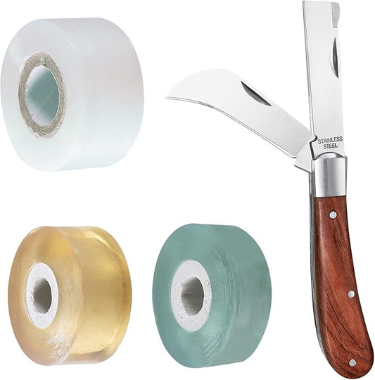 Garden Grafting knife,Stainless Steel Double Blades Rosewood Handle Pruning Knife,3 Grafting Tape Buddy Tape for Fruit Trees,Gardening Grafting Tool