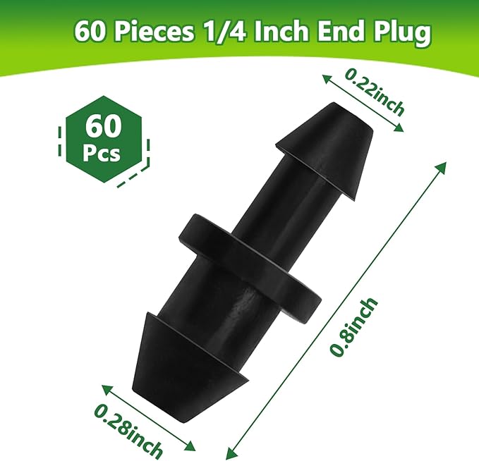60 Pack Drip Irrigation 1/4" Barbed End Plug Fittings, Barbed Connectors for 1/4 Inch Irrigation Tubing Drip Line Goof Plug for Drip Sprinkler Garden Shrubs Systems