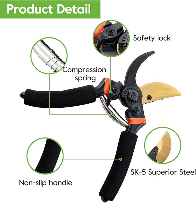 8.5" Pruning Shears,Bypass Pruning Shears for Gardening,Super Sharp Garden Clippers,Soft Grip Heavy Duty Hand Pruner,Garden Scissors Tool(Black，Made in Taiwan)