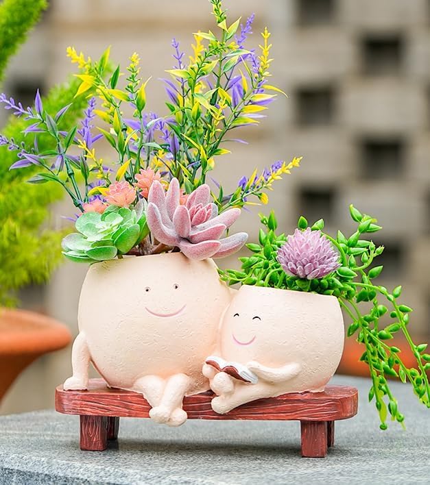 Cute Head Planter with Smiley Face, Double Pots in One, Novelty Plant Face Pot, for Indoor Outdoor Plants,Christmas, (Khaki)