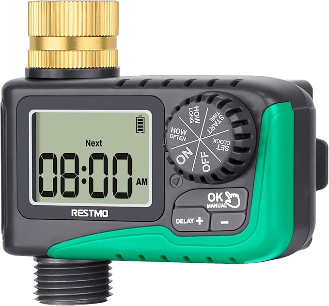 RESTMO Sprinkler Timer with Brass Inlet, Programmable Water Timer for Garden Hose, Automatic Digital Control | Manual ON/Off | Rain Delay, for Outdoor Faucet, Drip Irrigation and Lawn Watering System