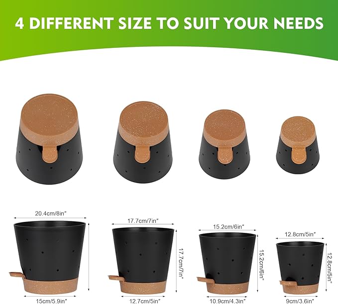 JGB 4 Pcs Orchid Pots with Holes - Each of 5, 6, 7 and 8 inch - Self Watering Orchid Pots and Plastic Breathable Orchid Planters for Repotting - Black