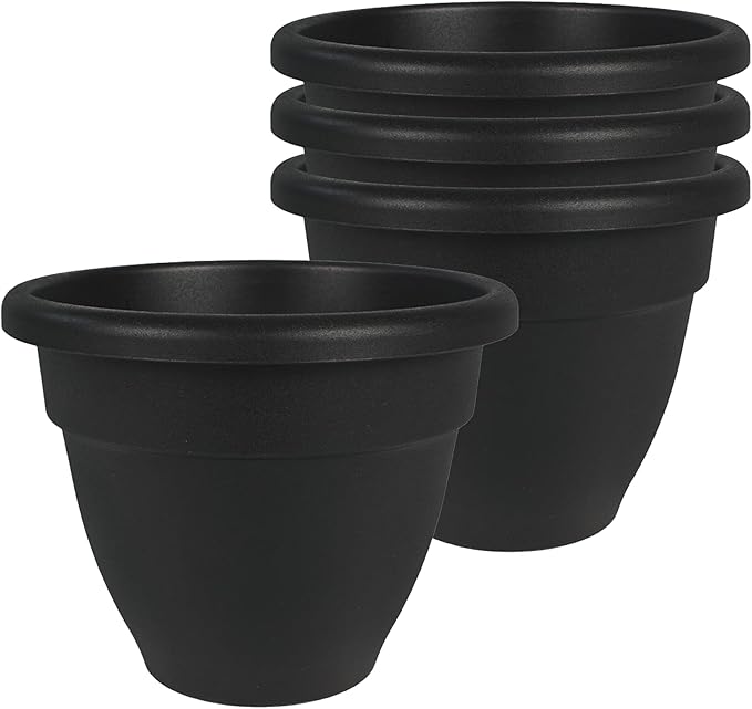The HC Companies Caribbean Planter Pot - Outdoor & Indoor Plant Pot with Drainage Hole & Plug - Rolled Rim Plastic Pots for Plants & Flowers - Decorative Plant Pot (8" Black, Pack of 4)