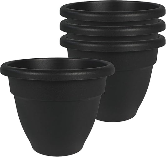 The HC Companies Caribbean Planter Pot - Outdoor & Indoor Plant Pot with Drainage Hole & Plug - Rolled Rim Plastic Pots for Plants & Flowers - Decorative Plant Pot (8" Black, Pack of 4)