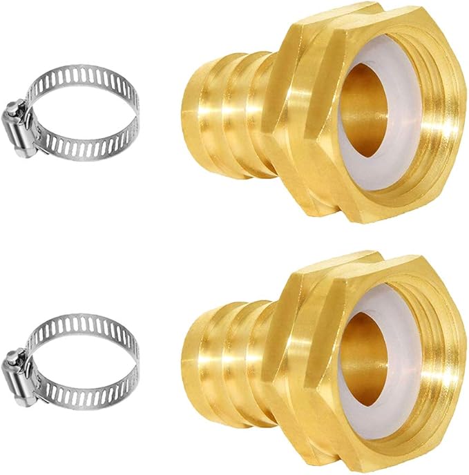 Joywayus 2Pcs 3/4" Barb x 3/4" Female GHT Thread Swivel Hex Brass Garden Water Hose Pipe Connector Copper Fitting with Stainless Clamp House/Boat/Lawn/Power Wash/Irrigation