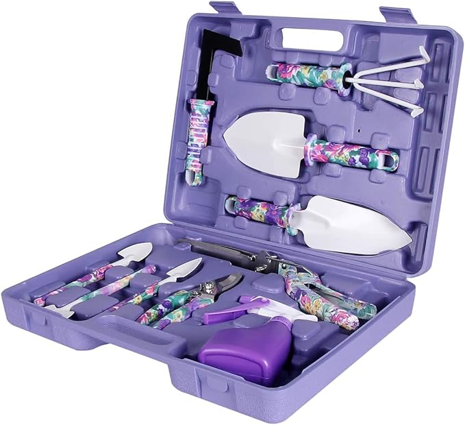 Gardening Tools Set, Unique Gardening Gifts for Women, Gardening Hand Tools with Purple Carrying Case, Gardening Kit for Home Gardening Flowers Potted Trim Loosing Planting Tools (10purple)
