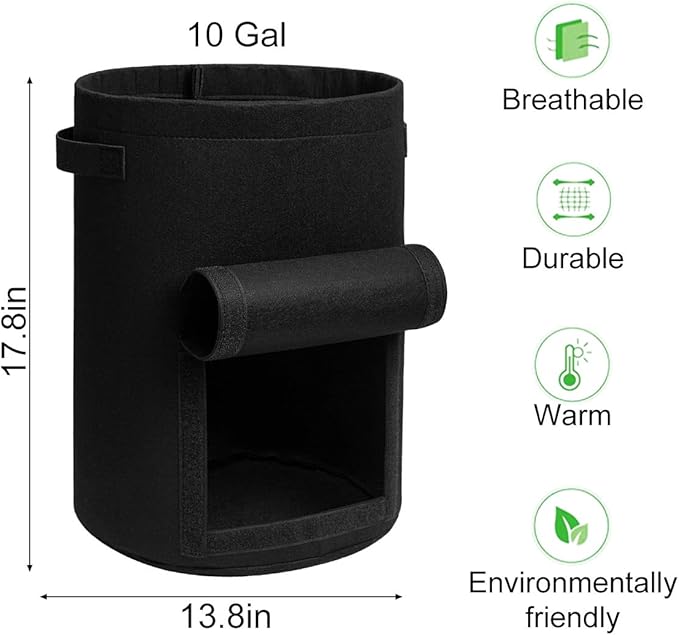 Potato Grow Bags with Flap 10 Gallon, 4 Pack Planter Pot with Handles and Harvest Window for Potato Tomato and Vegetables, Black and Gray