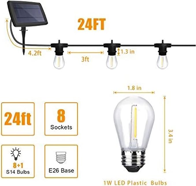 FMART LED 49 Foot Solar Powered String Lights with Vintage Style Waterproof, Shatterproof Plastic Bulbs for Exterior Decoration and Outdoor Use