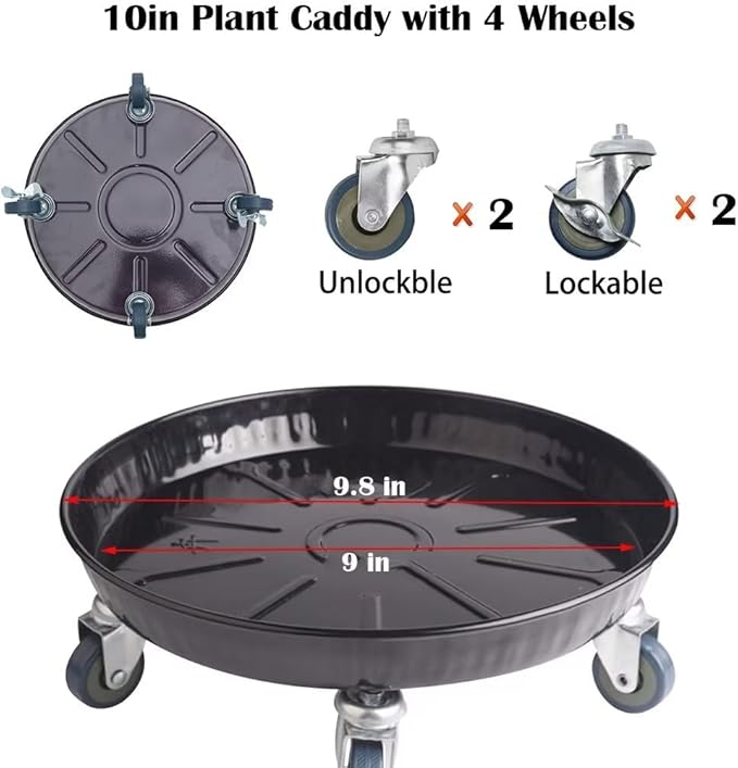 ARTLINE 10" Round Plant Stand with Lockable Wheels, 160lbs Heavy Duty for Indoor Outdoor, Large Rolling Dolly Planter Caddy on Casters to Carry Potted Flower Pot, Round Metal Tray NO Holes, 2 Pack