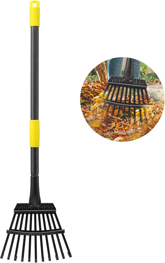 Oliynedy Leaf Rake for Gardening, Adjustable Metal Garden Rake for Leaves Long Handle 30-60", 11 Tines 9" wide Small Lawn Collapsible Yard Adult Kids Rake for Camping Flower Beds Mulch Shrub