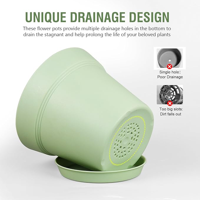 6 inch Plastic Nursery Pots, Seedling Pots, 16 Pack Plant Pots for Small Indoor Outdoor Plants, Flower Pots with Drainage Holes and Saucers, Decorative Planters for House Plants, Green