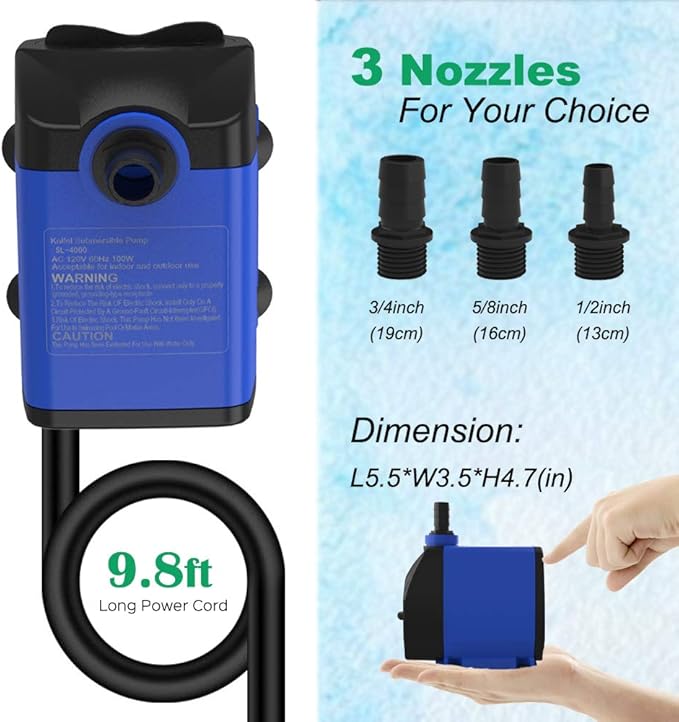 Submersible Pump 1056GPH (4000L/H 85W) Ultra Quiet with Dry Burning Protection 9.8ft Power Cord for Fountains, Hydroponics, Ponds, Aquariums & More…