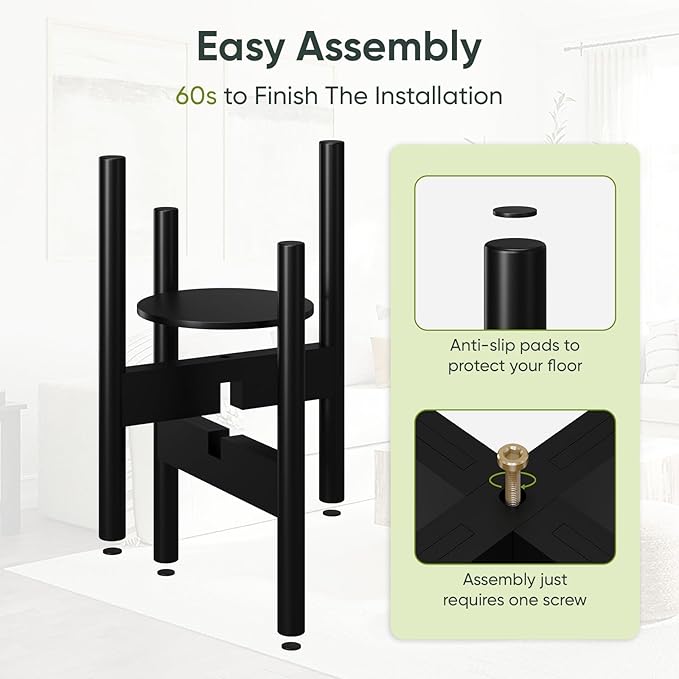 Adjustable Plant Stand, Bamboo Plant Stand Indoor with Tray, Wood Plant Stand for 8 to 12 inches Flower Pots, Single Mid Century Modern Plant Stand for Indoor Plants, Black