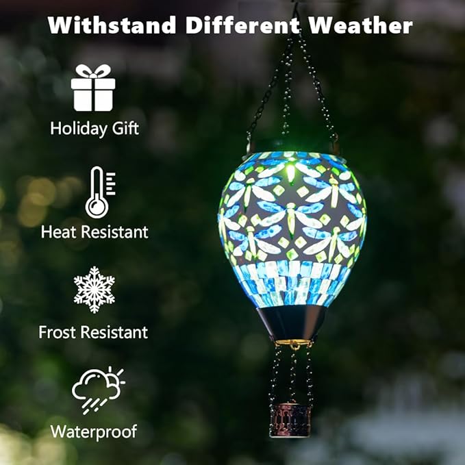 Starsoul Mosaic Dragonfly Hot Air Balloon Solar Lantern Glass Outdoor Hanging Hot Air Balloon Solar Flickering Flame Light Waterproof Garden Patio Yard Party Decorations