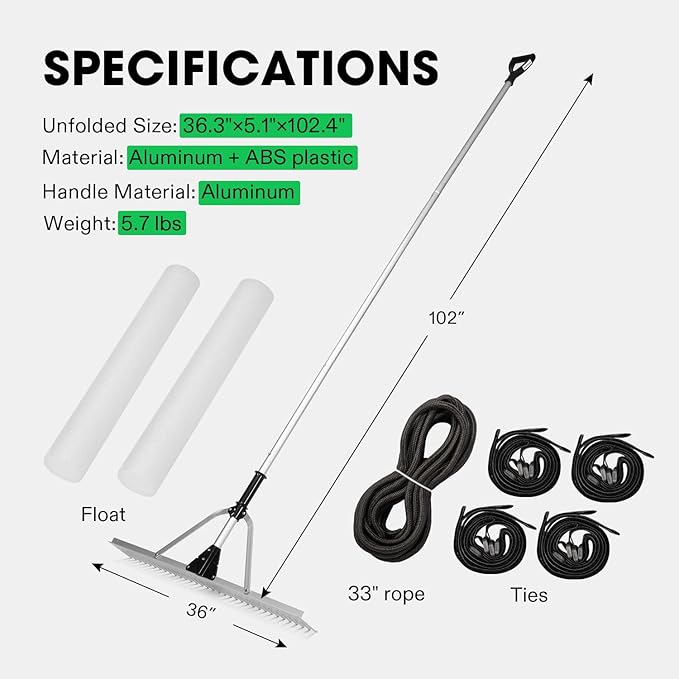 VIVOSUN 36" Landscape Rake, Aluminum Floating Rake with 8.5 FT Long Handle, Long Rope, All-Purpose Metal Floating Lake Rake, Multifunctional Foldable Weed Rake for Loosening Soil, Lawn Care and Lake