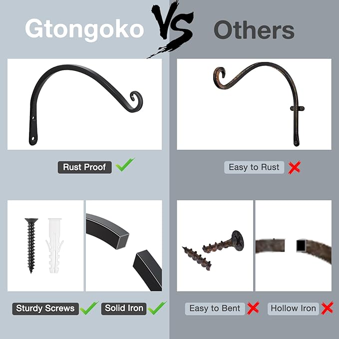 Gtongoko 2 Pack 12 Inch Plant Hangers Outdoor Metal Hanging Plant Bracket Bird Feeder Plant Hooks for Hanging Flower Basket, Wind Chimes, Solar Lanterns, Black