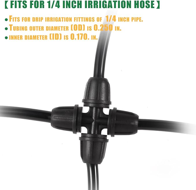 1/4 inch Drip Irrigation Fittings, Lock Barbed 4 Way Couplings for ¼ in. tubing; Tubing Outside Diameter (OD) is 0.250 in., Internal Diameter (ID) is 0.170. in.(20Pcs/Pack) (Black-4-Way)