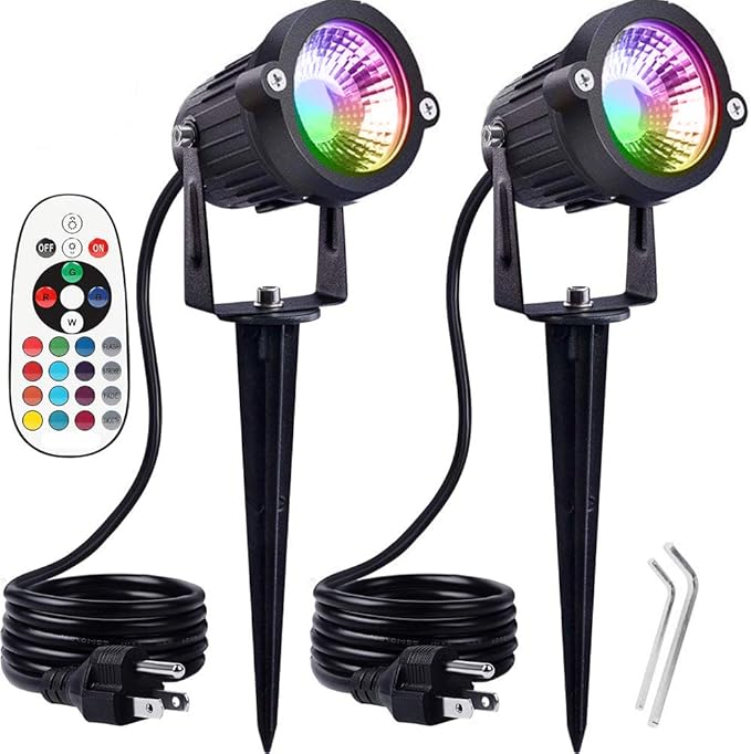 Pack of 2, Outdoor LED Landscape Lights Waterproof Spotlight with Spike Stand and Plug for Driveway, Outdoor Lawn Lighting, Flood Garden, Yard (6W Plug RGB)