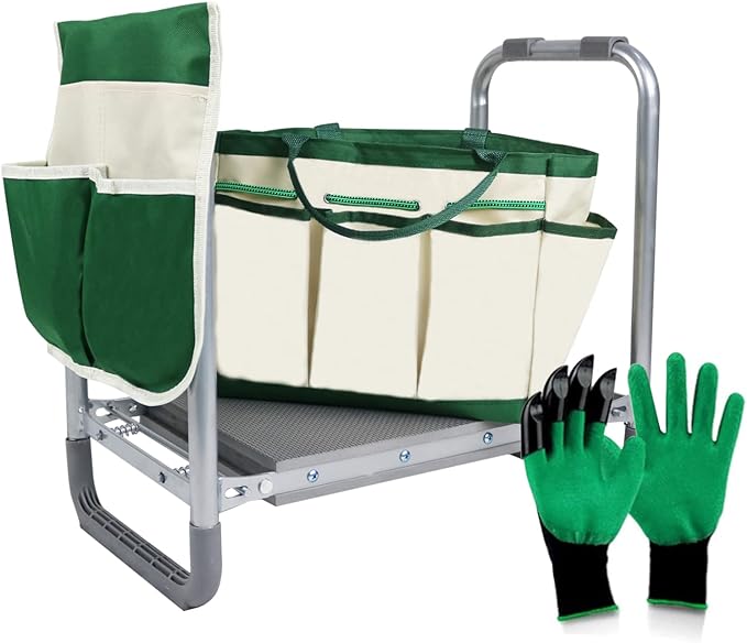 BDL Garden Kneeler Seat Foldable Durable Garden Stool with Tool Bag Pouch and Garden Gloves 330lb Capacity-Protects Your Knees, Clothes from Dirt & Grass Stains