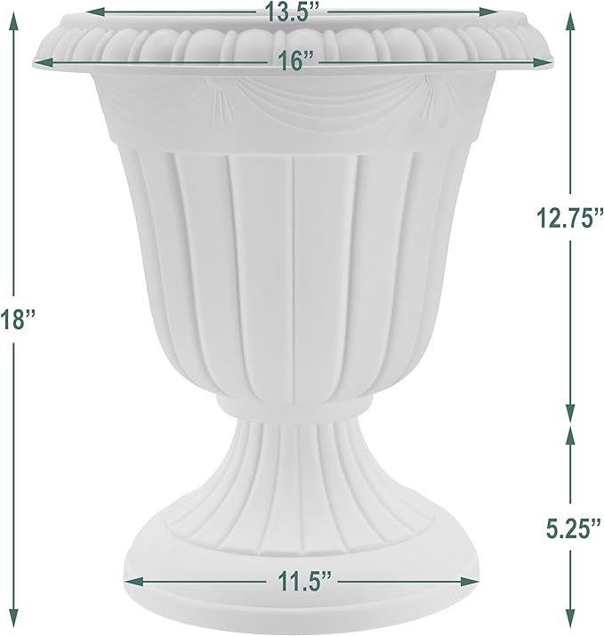PL00CW Classic Traditional Plastic Urn Planter Indoor/Outdoor, 16" x 18", White Wash