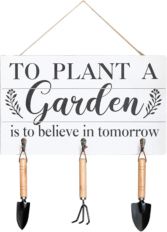 COLLECTIVE HOME - Garden Decor with Tools, Inspirational Wood Hanging Signs, Garden Tools Set - 3 Piece, Out Door Decor with Hooks, to Plant a Garden is to Believe in Tomorrow, 15.75"x9.5" (White)