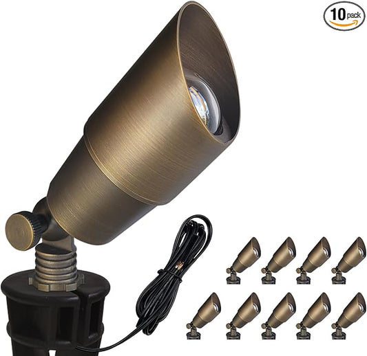 COLOER Die-cast Brass Outdoor Spot Lights for Yard, 12V AC/DC Low Voltage Landscape Lighting Kit, IP65 Waterproof Backyard Outdoor Directional Uplight(101B,Bronze,10-Pack Without Bulb)