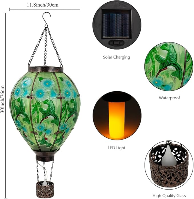 Starsoul Extra Large Solar Hot Air Balloon Lantern with Flame Hummingbird Glass Outdoor Hanging Hot Air Balloon Solar Light Waterproof Garden Patio Yard Party Decorations