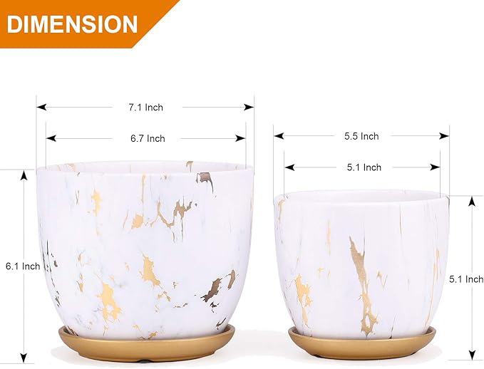 7 Inch Ceramic Plant pots (Set of 2), 7 Inch 5.5 Inch Modern Flower Planter, Gold Marble Gardening Pots with Drainage Hole and Saucer for Outdoor Indoor Yard Garden Home Office Decoration.