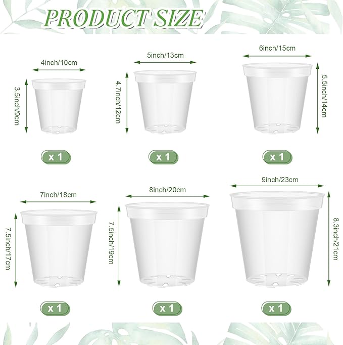 Vesici Large Size Clear Nursery Pots Variety Pack Plant Pots with Drainage Holes Planters for Indoor Plants Flexible Transparent Plastic Plant Bottle Succulents(6 Pcs,4/5/6/7/8/9 Inch)