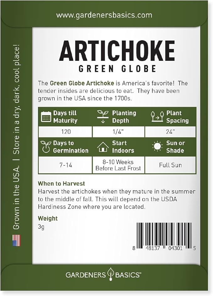 Gardeners Basics, Artichoke Seeds for Planting - Green Globe Non-GMO Perennial Vegetable Variety- 3 Grams Seeds Great for Summer Gardens