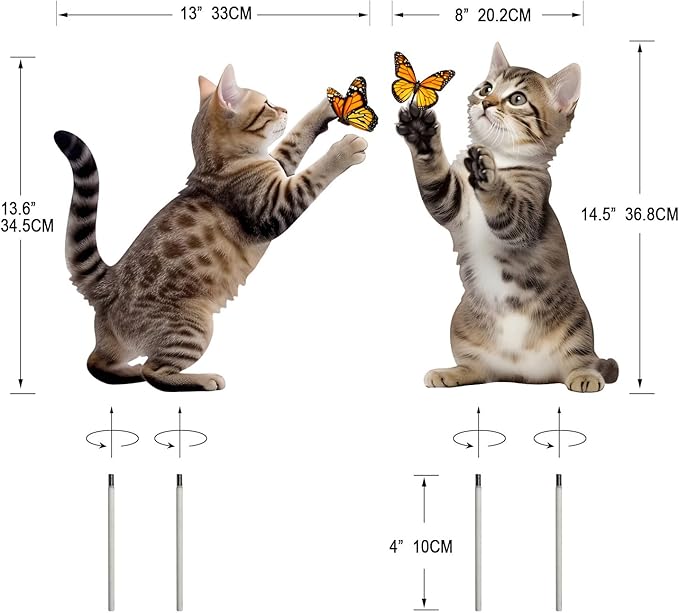 Metal Garden Stakes Decor,Cute Cats Playing with Butterflies Stakes, YGarden Statues Bird Repellent Cat Decorative Garden Stakes for Yard, Garden, Lawn Outdoor Decorations Set of 2