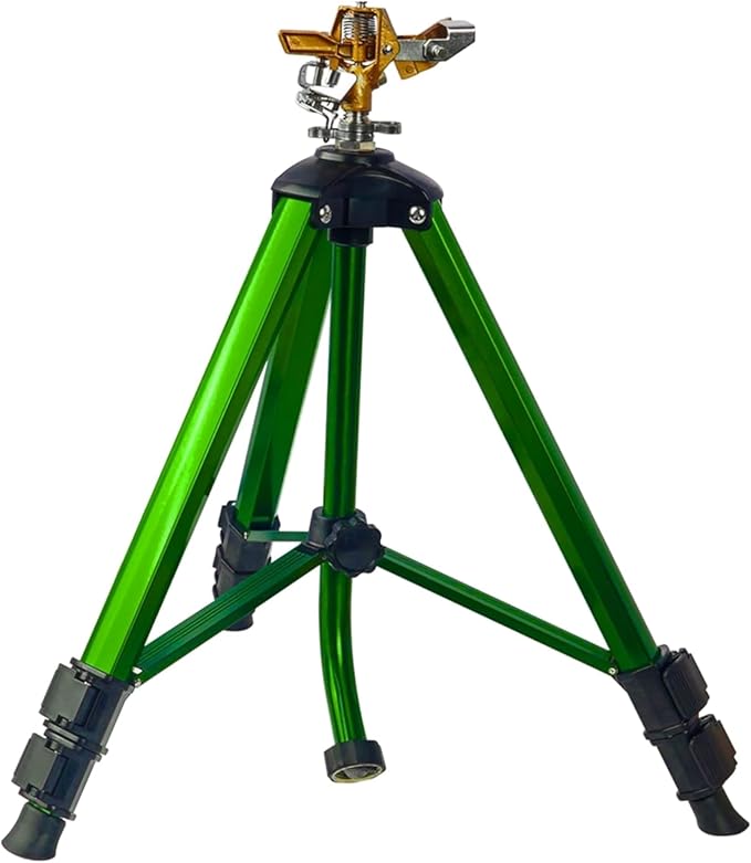 Impact Sprinkler on Tripod Base, Tripod Sprinklers with Brass Head, 360 Degree Large Area Irrigation with Extension Legs Flip Locks, Heavy Duty 3/4" Connector for Lawn Yard Garden