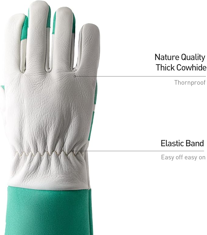 HANDLANDY Long Gardening Gloves for Men & Women, Thorn Proof Rose Pruning Gloves Leather Gauntlets Garden Gloves Yard Work Gloves (Large, Green)