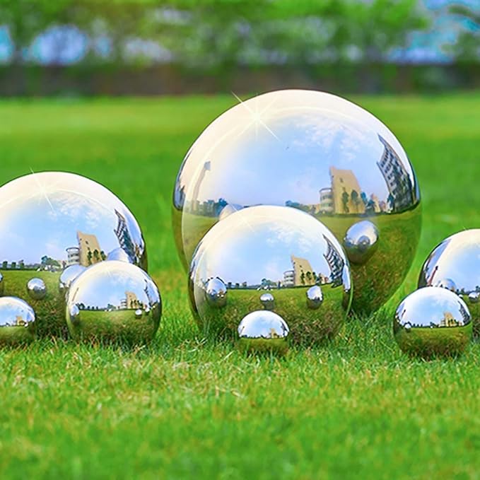 Nerien Gazing Ball, Stainless Steel Garden Mirror Globe, Polished Ornament Sphere, Hollow Floating Reflective Hemisphere, for Home Outdoor Pond Housewarming Swimming Pool Decoration, Silver, 5Pcs Mix